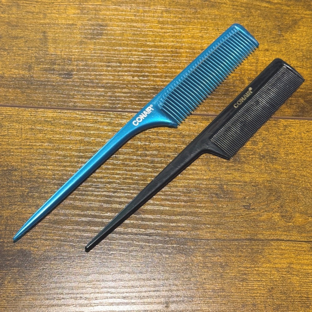 VTG Conair Rat Tail Comb Set 2 Pack Metallic Blue Black Fine Tooth Styling Tools